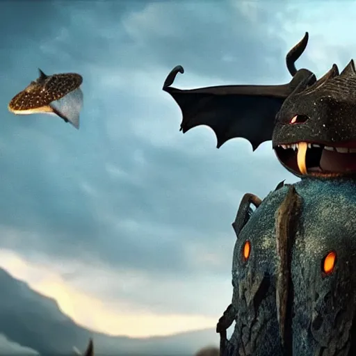 Image similar to movie clip of dragon with mantaray wings and a stingray tail made of stars in an old viking village filled with vikings and other dragons going about their day, cgi, in the style of how to train your dragon, cinematic, high resolution, cgi