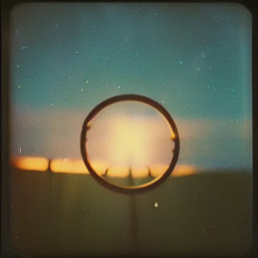 Prompt: a ring of lights flying through the sky, ufo!!, blurry photo, old polaroid, expired film, historical photo,