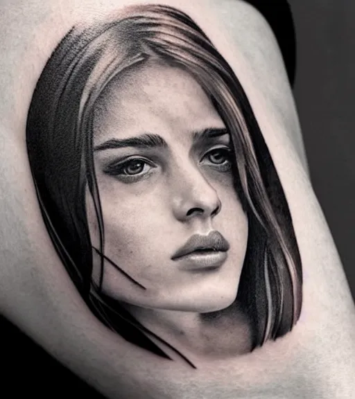 Image similar to a beautiful girl portrait at amazing nature and mountains, realism tattoo, in the style of den yakovlev, black and white, hyper realistic, highly detailed