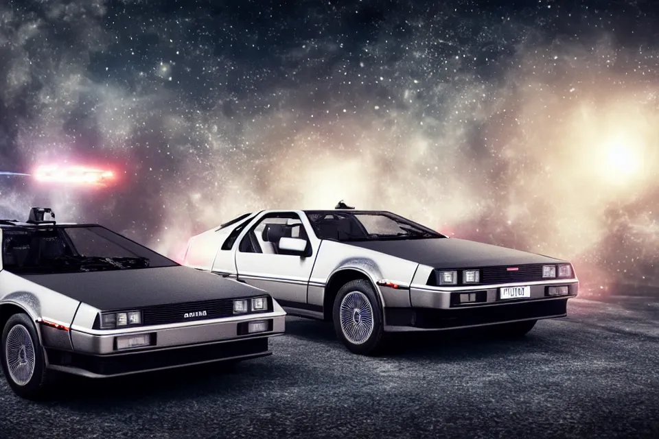 Image similar to ultra realistic delorean dmc 5 drifting next to toyta trueno ae 8 6 on ancient space highway wreckage in space, dark cinematic, volumetric, realistic, 3 d render, realistic render, cinematic lighting, volumetric lighting, atmospheric, cinematic, unreal engine 5, unreal engine render, octane render, hd, photorealism, hyper realistic, 8 k