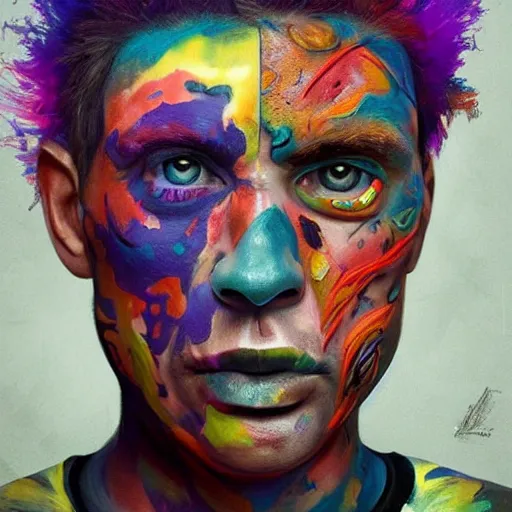 Image similar to a man with painted face and body art, a character portrait by sam spratt, featured on cgsociety, psychedelic art, detailed painting, behance hd, apocalypse art