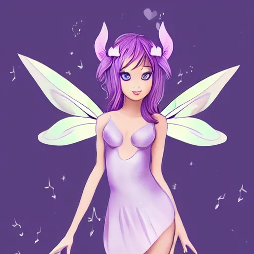 Image similar to very very very beautiful tiny fairy woman in her 20s with fairy wings wearing skintight purple dress, making eye contact, smiling, flirty, perfect body, perfect face, drawn by WLOP