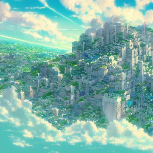 Prompt: anime portrait of ethereal floating island cities, wide shot, solarpunk, trending on artstation, studio ghibli