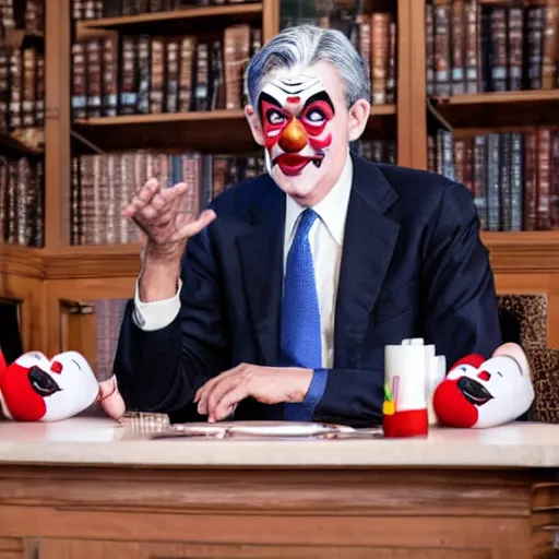 Image similar to Jerome Powell with clown makeup whiteface, talking with other clowns, full body, photo realistic, highly-detailed