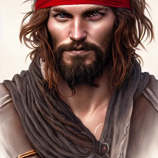 Prompt: portrait of a young ruggedly handsome but cantankerous pirate, male, masculine, upper body, red hair, long hair, d & d, fantasy, bashful smirk, intricate, elegant, highly detailed, digital painting, artstation, concept art, matte, sharp focus, illustration, art by artgerm and greg rutkowski and alphonse mucha