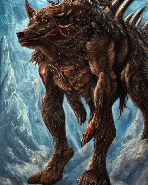 Image similar to A minotaur wolf, full body, highly detailed, close-up, fantasy art, monster art, in the style of masami kurumada, illustration, epic, fantasy, intricate, hyper detailed, artstation, concept art, smooth, sharp focus, ray tracing