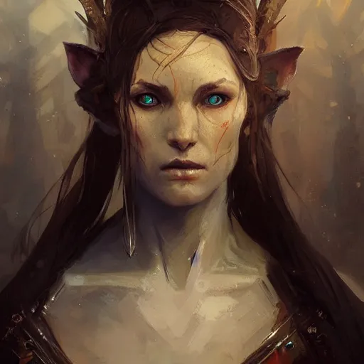 Image similar to portrait of an elven woman with small copper horns, by greg rutkowski, trending on artstation, dungeon and dragons art