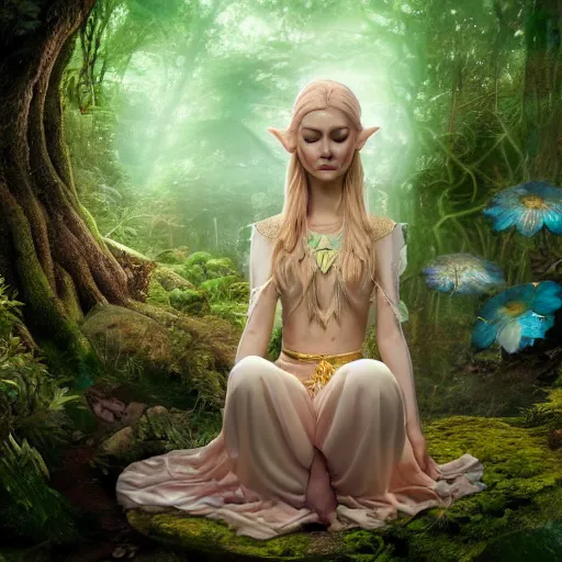 Image similar to elven princess meditating in forest, magical flowers, surrounded by fairies, beautiful face, wisps, surreal, surrealist art, photo, trending on artstation, ultra detailed, intricate, sacred geometry, serene, beautiful, photo, realistic, perfect, smooth, light shafts, light diffusion, chromatic aberration, moebius, by moebius, peter mohrbacher, eye contact, symmetry, magical princess, liquid, flowing, misty forest