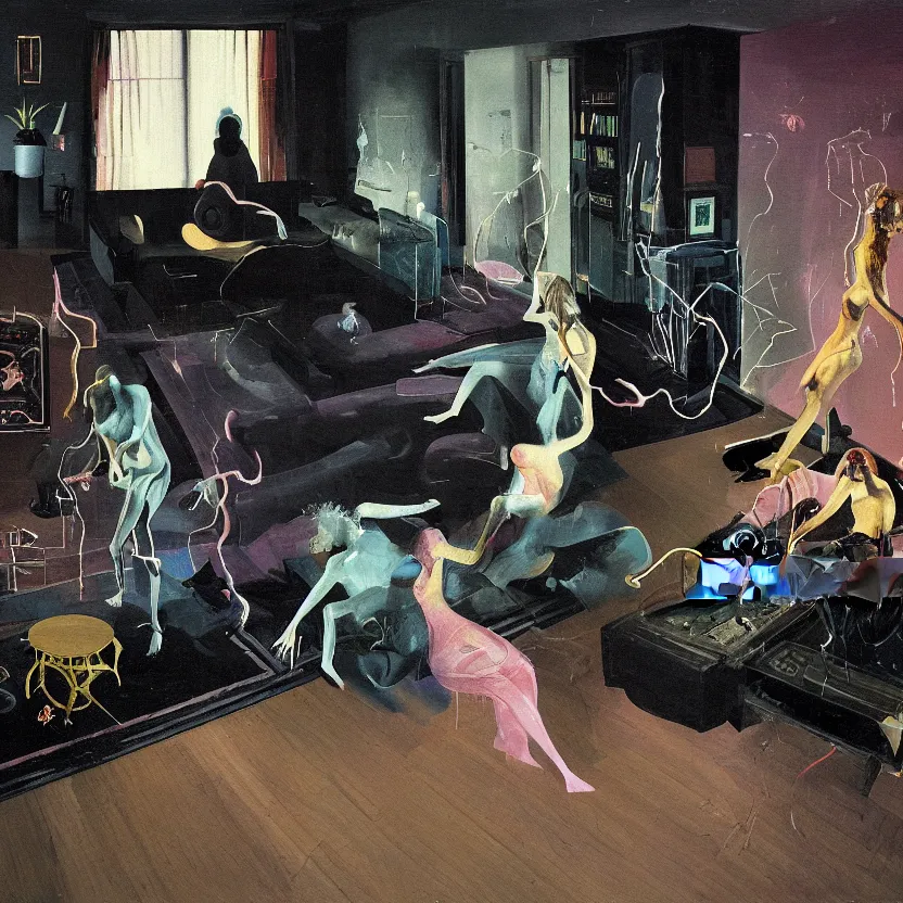 Image similar to Detailed image of a man and woman start to bounce in a living room of a house, floating dark energy surrounds the middle of the room. There is one living room plant to the side of the room, surrounded by a background of dark cyber mystic alchemical transmutation heavenless realm, by francis bacon and Jenny seville, midnight hour, part by adrian ghenie, part by jeffrey smith, part by josan gonzales, part by norman rockwell, part by phil hale, part by kim dorland, artstation, highly detailed