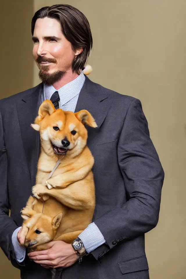 Prompt: a highly detailed portrait of a cleanly - shaven christian bale in a suit with slicked back hair, holding a shiba inu in his arms, hyperrealistic, highly detailed, 8 k, canon 2 4 mm f / 1. 4 lens,