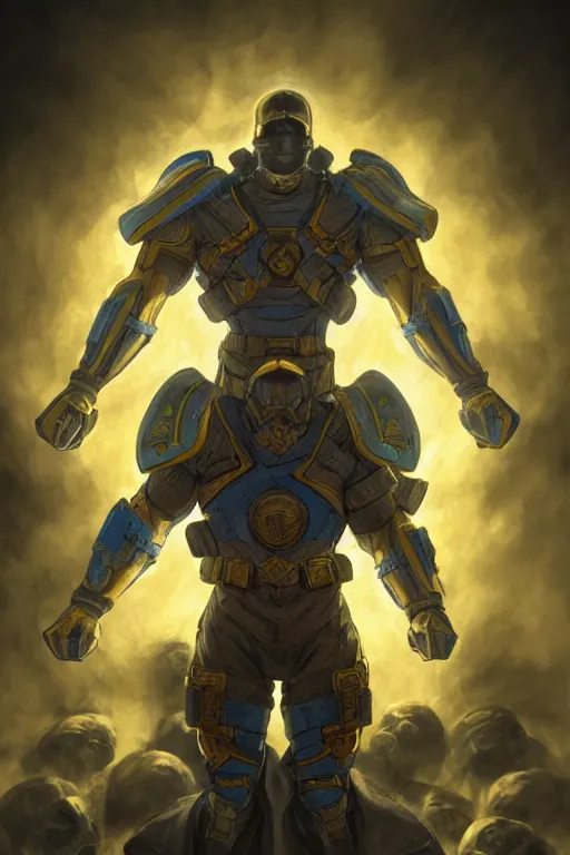 Prompt: an super mega hyper realistic image of a super soldier with a Ukrainian blue and yellow stripes flag standing in the beam of light from the clouds on a pile of skulls as a winner, masculine figure, D&D, fantasy, intricate, elegant, highly detailed, extremely detailed, digital painting, artstation, concept art, matte, sharp focus, symmetrical, illustration, art by Artgerm and Greg Rutkowski and Alphonse Mucha