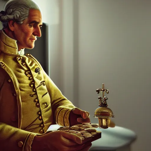 Image similar to a closeup photorealistic photograph of a happy George Washington inspecting small gold Doubloon coins at his home on Cherry Street. This 4K HD image is Trending on Artstation, featured on Behance, well-rendered, extra crisp, features intricate detail and the style of Unreal Engine.