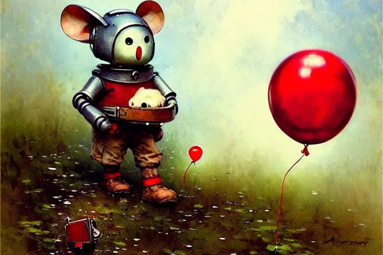 Image similar to adventurer ( ( ( ( ( 1 9 5 0 s retro future robot android mouse and knome holding a red balloon. muted colors. swamp mushrooms island, lillie pads ) ) ) ) ) by jean baptiste monge!!!!!!!!!!!!!!!!!!!!!!!!! chrome red