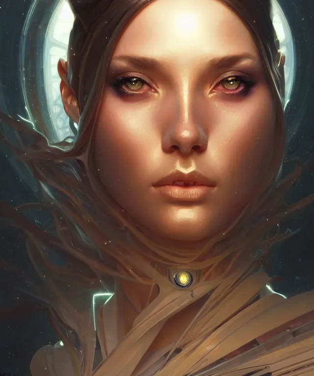 Image similar to futuristic young woman portrait, sci-fi, amber eyes, face, long hair, fantasy, intricate, elegant, highly detailed, digital painting, artstation, concept art, smooth, sharp focus, illustration, art by artgerm and greg rutkowski and alphonse mucha