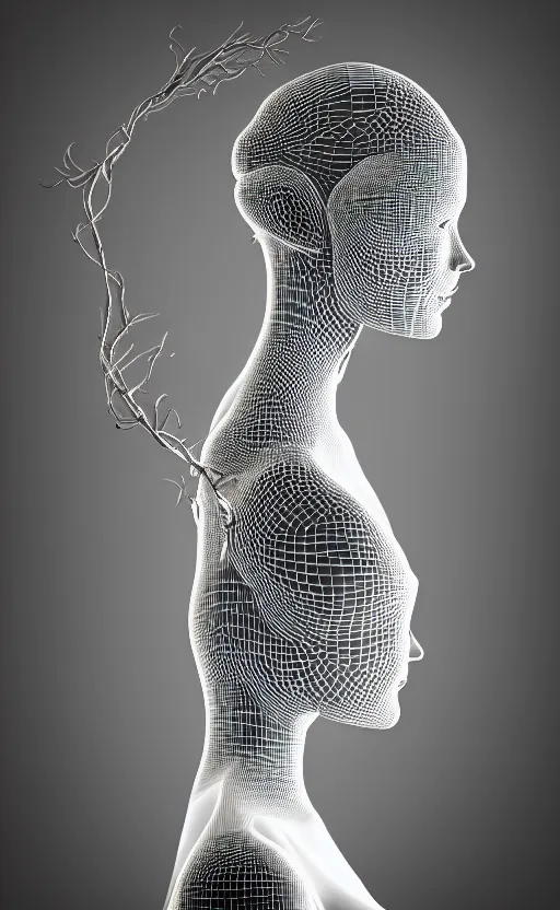 Image similar to black and white complex 3d render of a beautiful profile woman face, vegetal dragon cyborg, 150 mm, beautiful natural soft light, silver details, magnolia stems, roots, fine lace, maze like, mandelbot fractal, anatomical, facial muscles, cable wires, microchip, elegant, highly detailed, silver metalic armour, rim light, octane render, H.R. Giger style