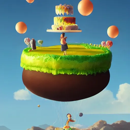 Image similar to a giant floating cake, with giant floating balloons above a beautiful landscape. digital art, highly - detailed, artstation cgsociety masterpiece