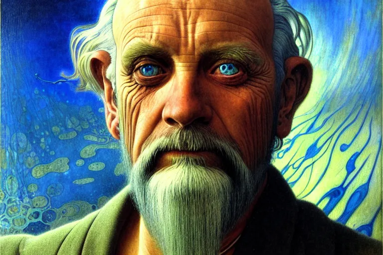 Image similar to realistic extremely detailed portrait closeup painting of an old man, futuristic sci-fi landscape on background by Jean Delville, Amano, Yves Tanguy, Alphonse Mucha, Ernst Haeckel, Edward Robert Hughes, Roger Dean, rich moody colours, silver hair and beard, blue eyes