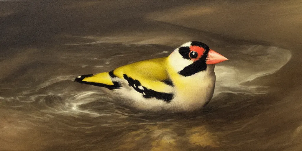 Image similar to painting of a goldfinch drowning in a river of nightmares, in the background you can see the universe. by theodore gericault, realistic oil painting, 4 k, studio lightning, award winning, very detailed shadows