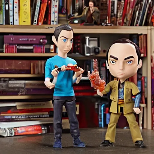 Image similar to still from The Big Bang Theory of Sheldon Cooper playing with his Buffy the Vampire Slayer action figures, high quality