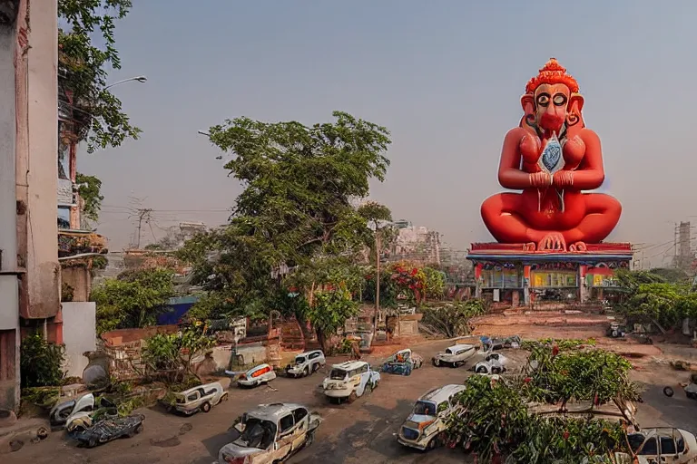 Image similar to beautiful dreamy! biomorphic new delhi, hanuman!! head building, kalighat flowers, octane sharp cinematic, stephen shore & john j. park, soft morning light, wide shot, aerial shot, uhd 8 k, shallow depth of field