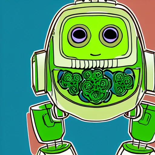 Image similar to an illustration of an cute roboter that eats broccoli