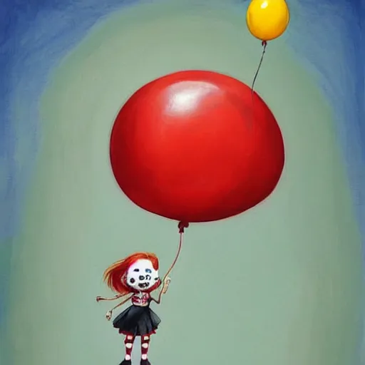 Prompt: grunge cartoon painting of a little girl playing with a jump rope with a wide smile and a red balloon by chris leib, loony toons style, pennywise style, horror theme, detailed, elegant, intricate