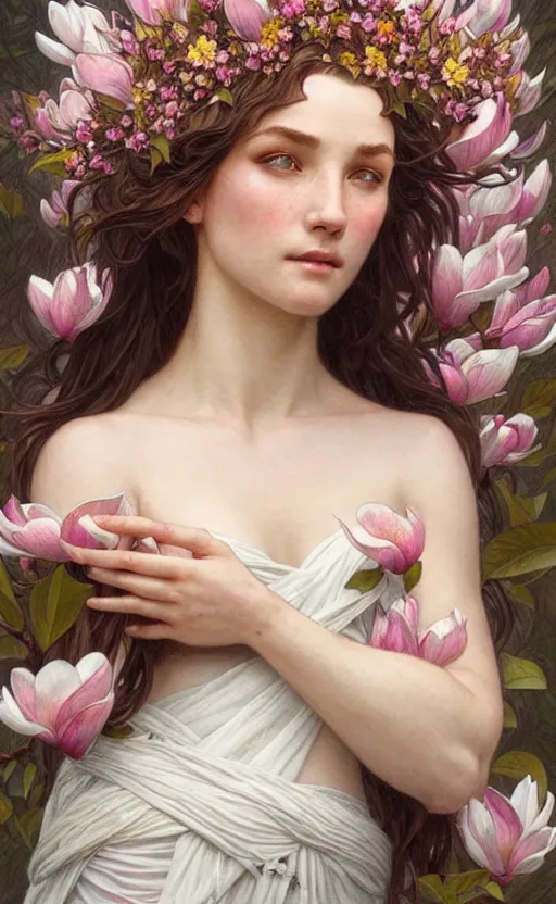 Prompt: portrait of a goddess of magnolia! covered in flowers!, half body, perfect face!!, d & d, fantasy, intricate, elegant, highly detailed, digital painting, artstation, concept art, smooth, sharp focus, illustration, art by artgerm and greg rutkowski and alphonse mucha