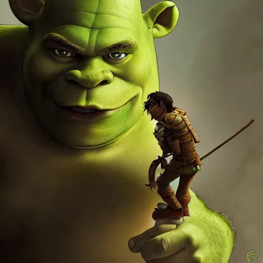 Prompt: shrek as eren yeager, highly detailed, digital painting, artstation, concept art, sharp focus, illustration, art by greg rutkowski and alphonse mucha