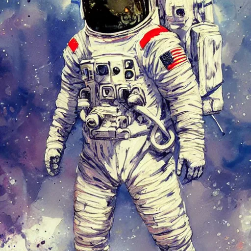 Prompt: astronaut on a spacewalk, cyberpunk, realistic, detailed, Industrial Scifi, paint, watercolor, in the style of Ashley Wood and Wadim Kashin