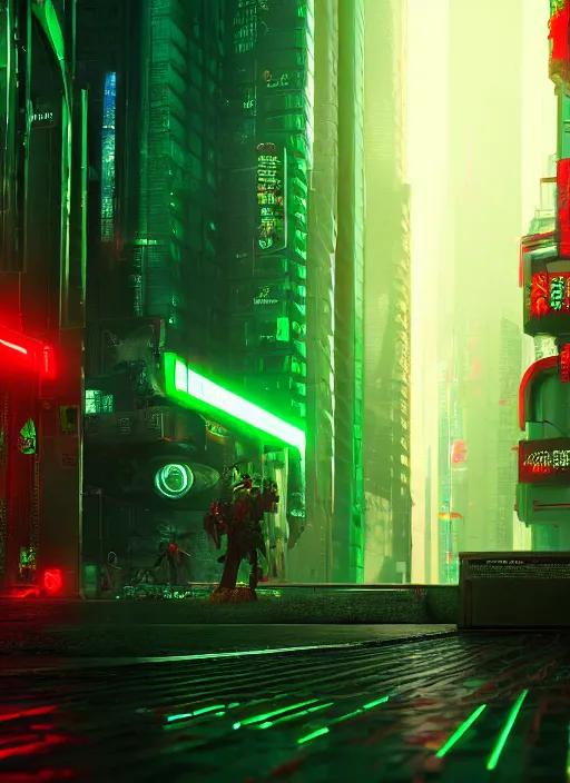 Image similar to red dragon and green dragon in cyberpunk city, ultra detailed, trending on artstation, concept art, octane render, unreal engine,