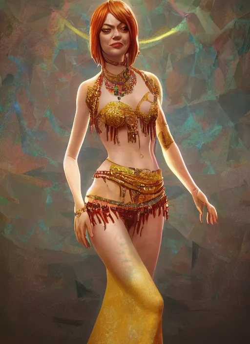 Image similar to portrait of emma stone as a belly dancer, au naturel, hyper detailed, digital art, trending in artstation, cinematic lighting, studio quality, smooth render, unreal engine 5 rendered, octane rendered, art style by klimt and nixeu and ian sprigger and wlop and krenz cushart.