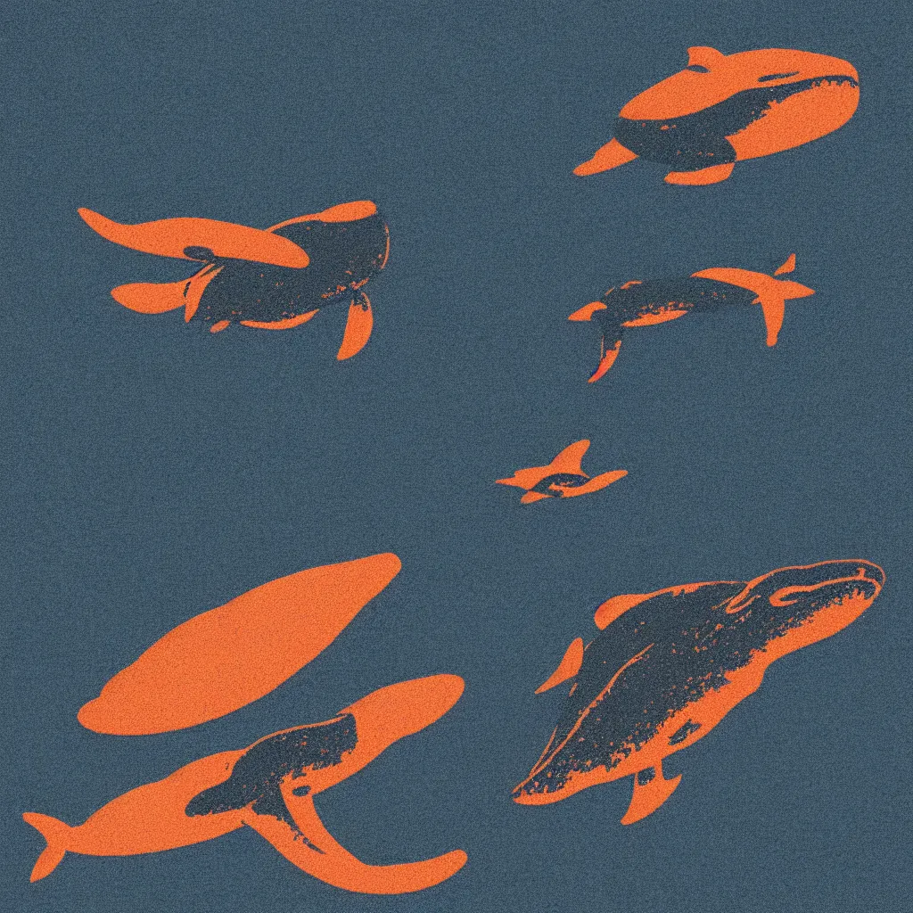 Prompt: flying whale, film noir, stippled light, dramatic lighting, editorial illustration, detailed, fine texture, matte print, art deco, brutalism, dark blue + dark orange, red, black, ( ( habitat 6 7 background ) )