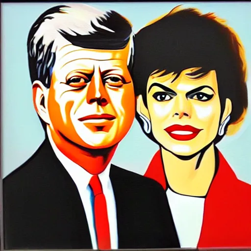 Image similar to oil painting of john f kennedy and lisa rinna in the style of roy lichtenstein