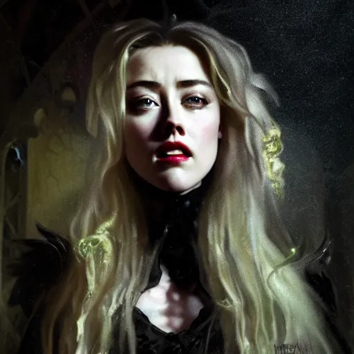 Prompt: hyperrealistic portrait of amber heard as a vampire witch scratched lacerated furious in a black coat standing in a classical ornate stone gate daydreaming portal. by jeremy mann and alphonse mucha, fantasy art, photo realistic, dynamic lighting, artstation, poster, volumetric lighting, very detailed faces, 4 k, award winning