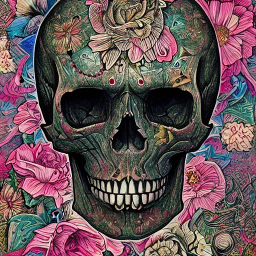 Image similar to a skull with floral accents by android jones