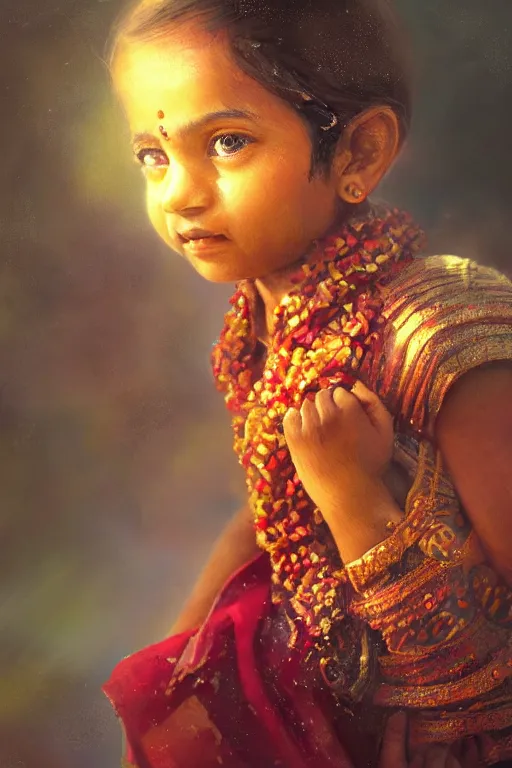 Image similar to hindu little girl, joyful, close - up portrait, intricate, elegant, volumetric lighting, scenery, digital painting, highly detailed, artstation, sharp focus, illustration, concept art, ruan jia, steve mccurry