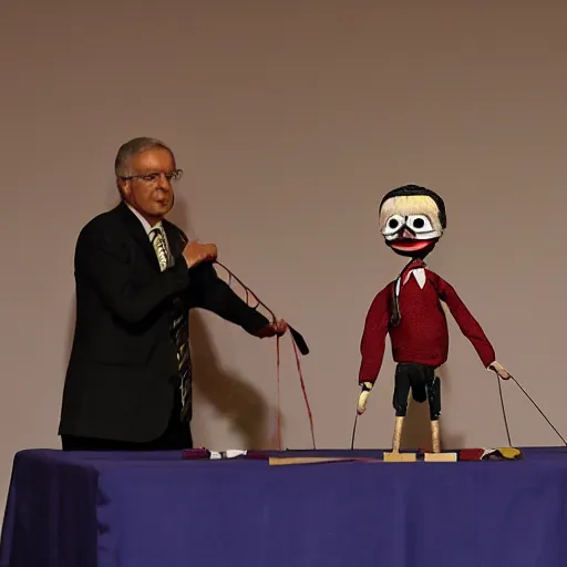 Image similar to president marionette with puppeteer in a podium giving a press conference