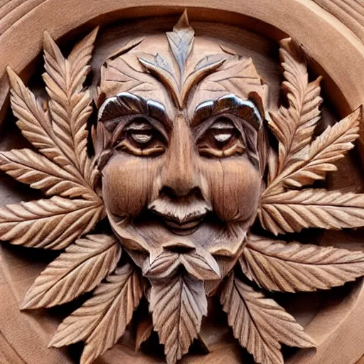 Image similar to deeply carved and stained, highly detailed wood carving depicting the face of the marijuana green man, as if made of obvious cannabis fan leaves, resting in a bed of real cannabis leaves