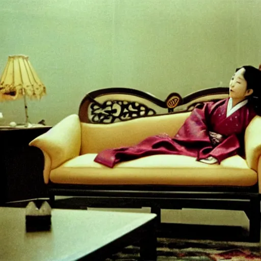 Prompt: a woman in a hanbok sitting on a couch, a starfish arm coming through the window, minimal cinematography by Akira Kurosawa, movie filmstill, 1950s film noir, thriller by Kim Jong-il and Shin Sang-ok, abstract occult epic composition