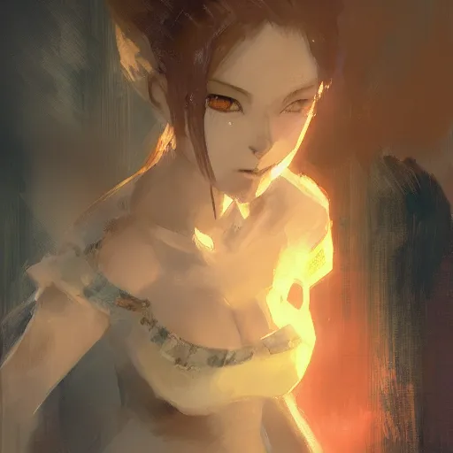 Image similar to craig mullins painting of an anime woman, direct flash photography at night