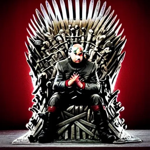 Image similar to “Putin sitting on the iron throne award winning, 4k realistic Photograph, face highly detailed”