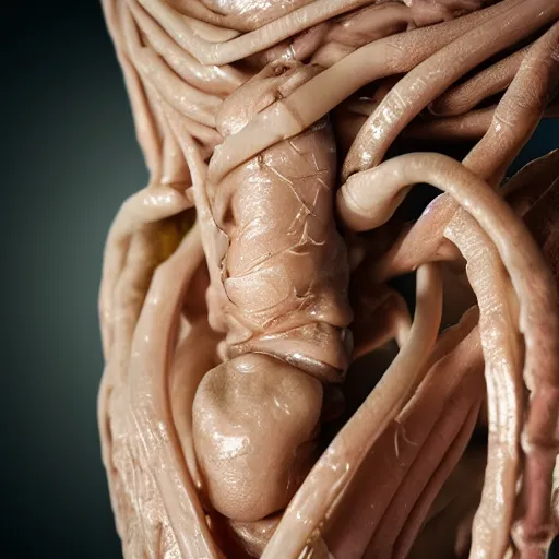 Prompt: close up of a baby fetus of 6 months entangled in of fallopian tubes of a woman and veins like bones, with many organic details wrapped in bones, full lenght view, wide shot, white plastic, muscles, creepy, diabolical, dark, octane rendering, cinematic, hyperrealism, octane rendering, 8k, depth of field, bokeh. iridescent accents. vibrant, 16k