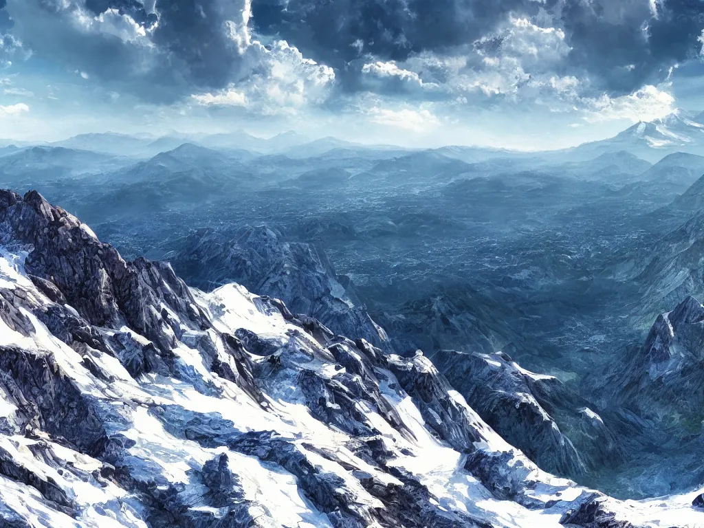 Prompt: view from a mountaintop, high mountains, alps, pyranees, digital painting, 4 k, wallpaper