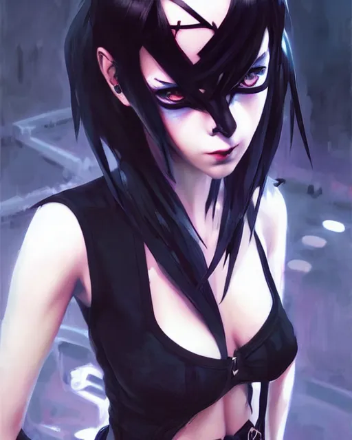 Image similar to portrait of goth cyberpunk Anime girl, cute-fine-face, pretty face, realistic shaded Perfect face, fine details. Anime. realistic shaded lighting by Ilya Kuvshinov Giuseppe Dangelico Pino and Michael Garmash and Rob Rey, IAMAG premiere