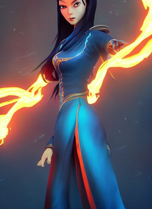 Image similar to Azula from avatar the last Airbender posing, blue flames, dark atmosphere, cinematic shot, intricate, ornate, photorealistic, ultra detailed, realistic, 100mm, photography, octane, high definition, depth of field, bokeh, 8k, artstation