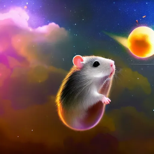 Image similar to Epic digital art of cute hamster flying in galaxy, the best on ArtStation, cinematic, detalied, high quality, profesional, 8k, CGSociety,