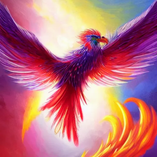 Image similar to cute flying chinese phoenix, sparkling bird eyes, embers in her bird eyes, shining rainbow feathers, sharp features, flowing fiery multicolor feathers, highly detailed, digital painting, artstation, concept art, smooth, sharp focus, beautiful rainbow feathers, expressive eyes, illustration, phoenix art by Artgerm and greg rutkowski