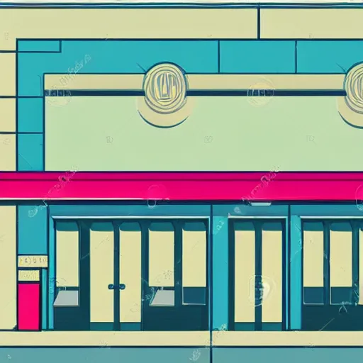 Prompt: art deco illustration of a gaming storefront in a mall in pastel colors