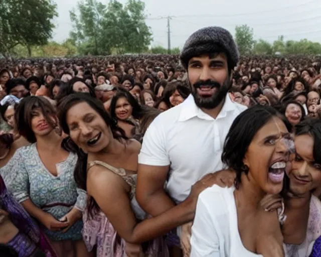 Prompt: a brown man with 10,100 adoring wives.