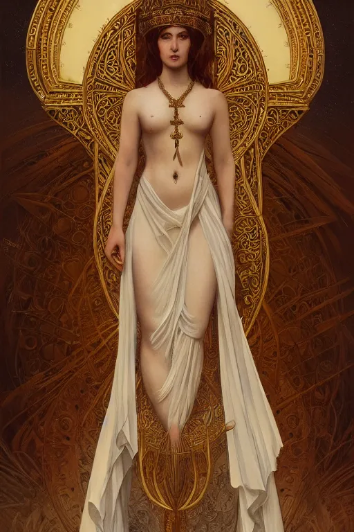 Image similar to a full body portrait of a beautiful ethereal delicate babylonian mage queen meditative sacral pose catholic stages of the cross, intricate, elegant, highly detailed, digital painting, artstation, concept art, smooth, sharp focus, illustration, art by krenz cushart and artem demura and alphonse mucha